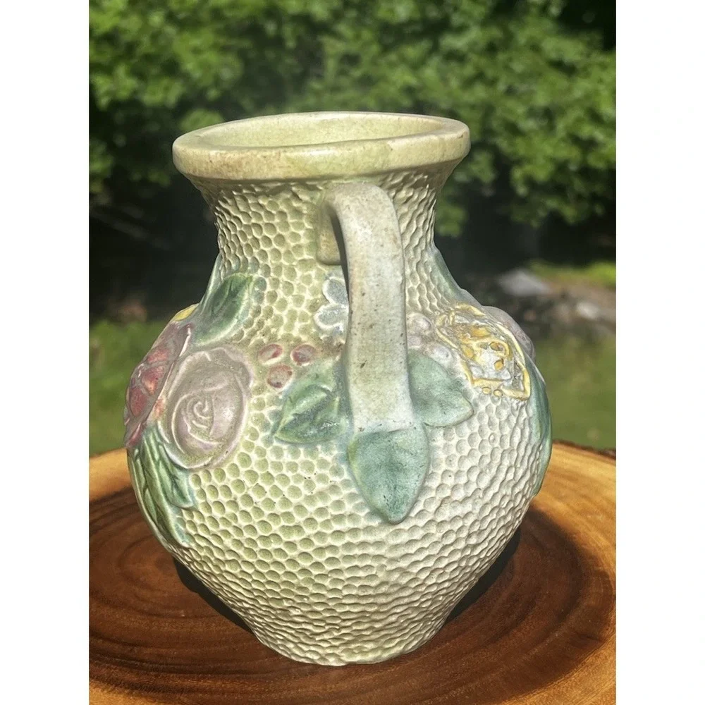 Antique Roseville Rozane Double Handle Roses Floral Art Pottery Vase 6.5